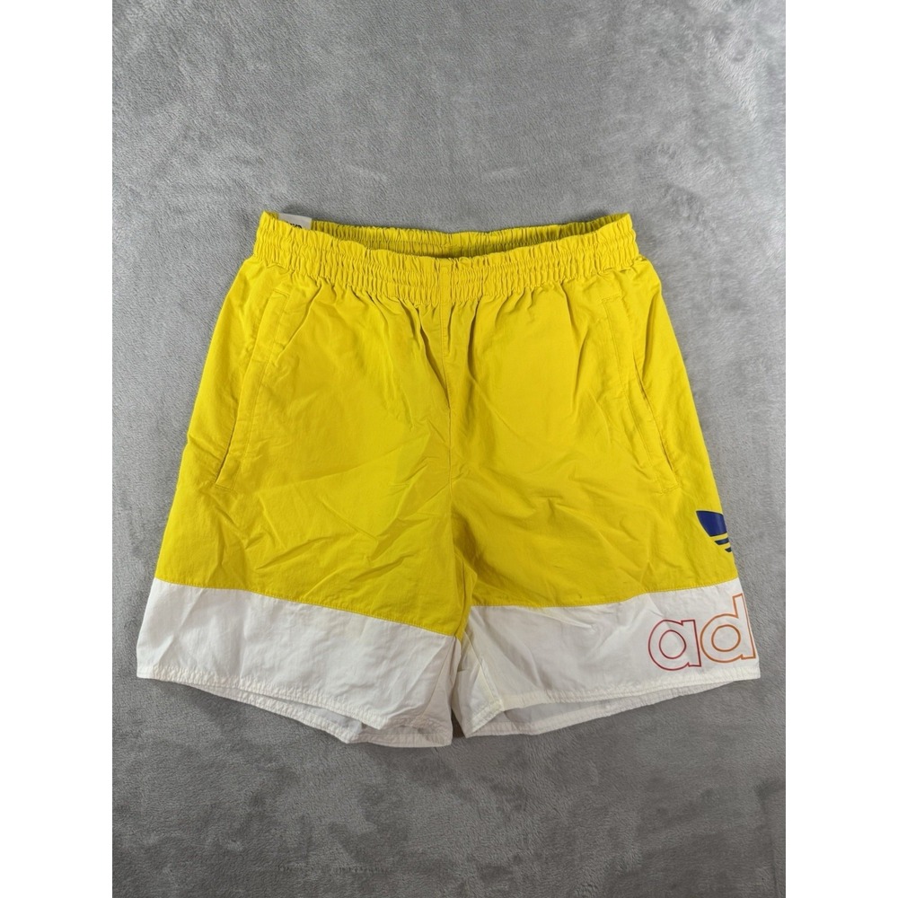 Adidas Originals Shorts Mens Small Yellow Pride Freestyle Trefoil Logo Spellout